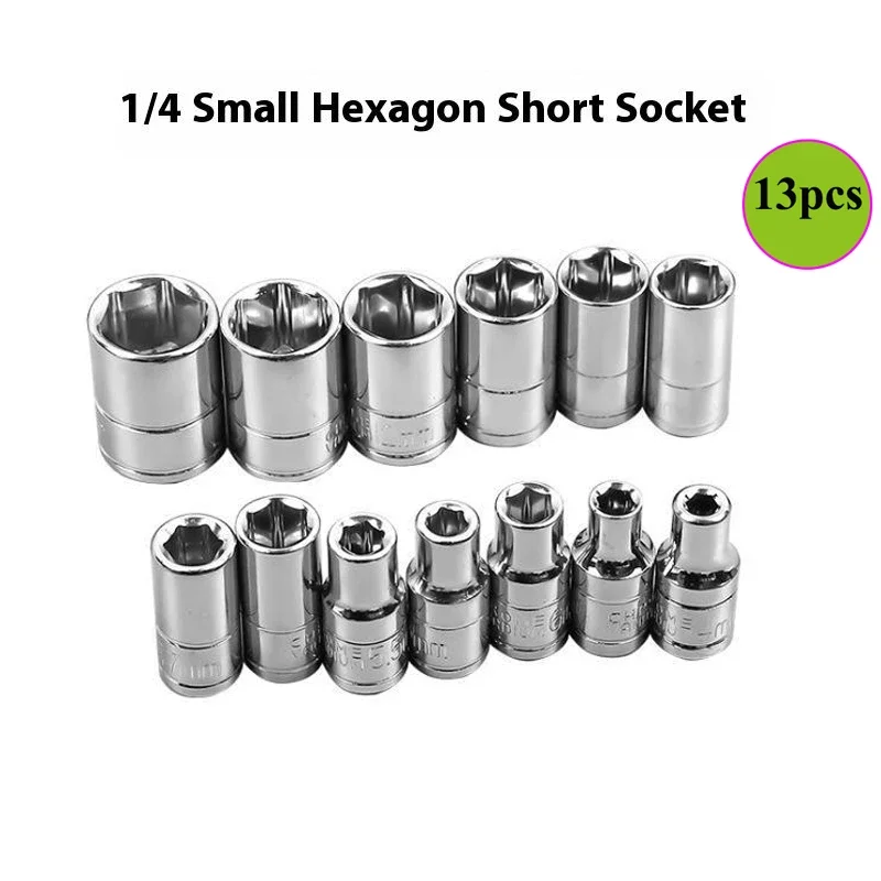 13Pcs Set Mini Socket Wrench Head 4-14mm 6.3mm Hex Shank Short Socket Ratchet Wrench Cart Auto Repair Removal Hand Tools