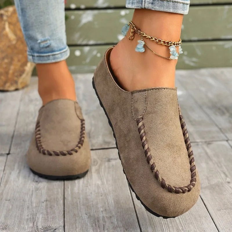 Women's Flat Mules Closed Round Toe Slip on Loafers Suede Look Braided Stitching Detail Casual Backless Daily Walking Shoes 2026