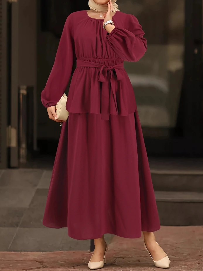 Sincere Girl 2024 Hot Spring Single Color Round Neck Long Sleeve Strap Up Clothes and Casual High Waist Long Skirt Set In Stock