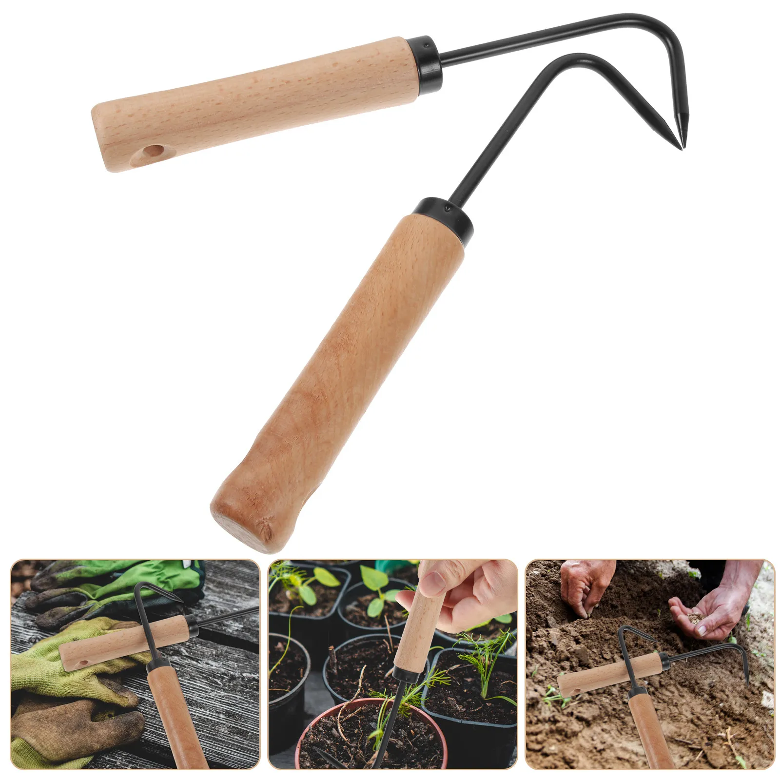 2Pcs Garden Root Remover Wooden Handle Manganese Steel Manual Weeder for Weeding Digging Soil Loosening Aeration Transplanting