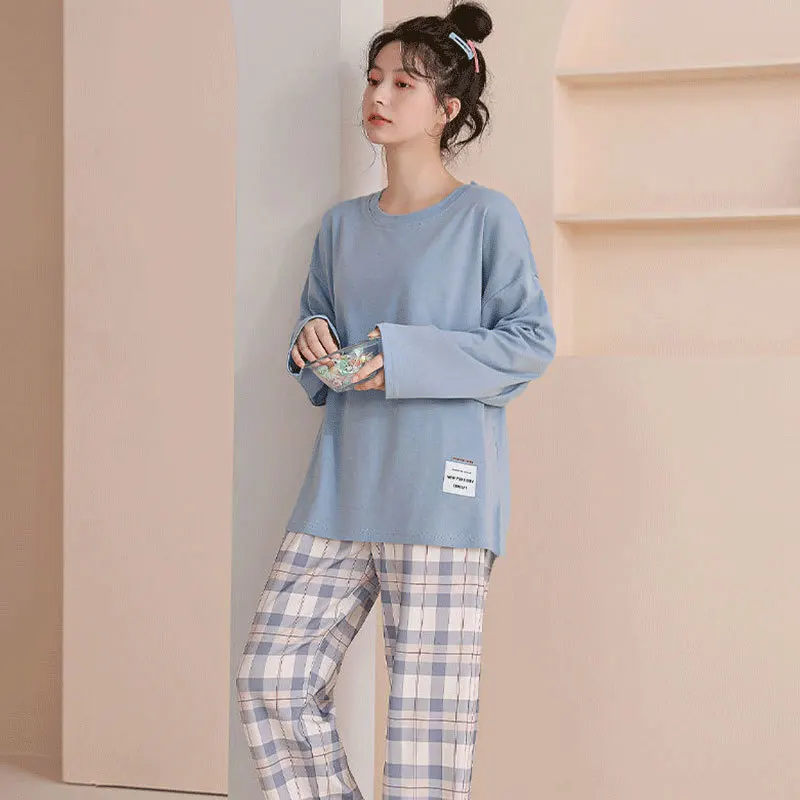 New Autumn Women Pajamas Set Fashion Korean Casual Plaid Sleepwear Student Pijama Suit Ladies Long-Sleeved Trousers Home Clothes