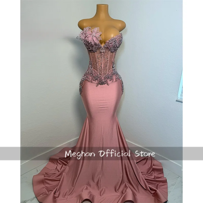 Rosa longo vestidos de baile brilhante frisado cristal vestido de noite 3d flores vestidos de festa de aniversário personalizado robe de bal