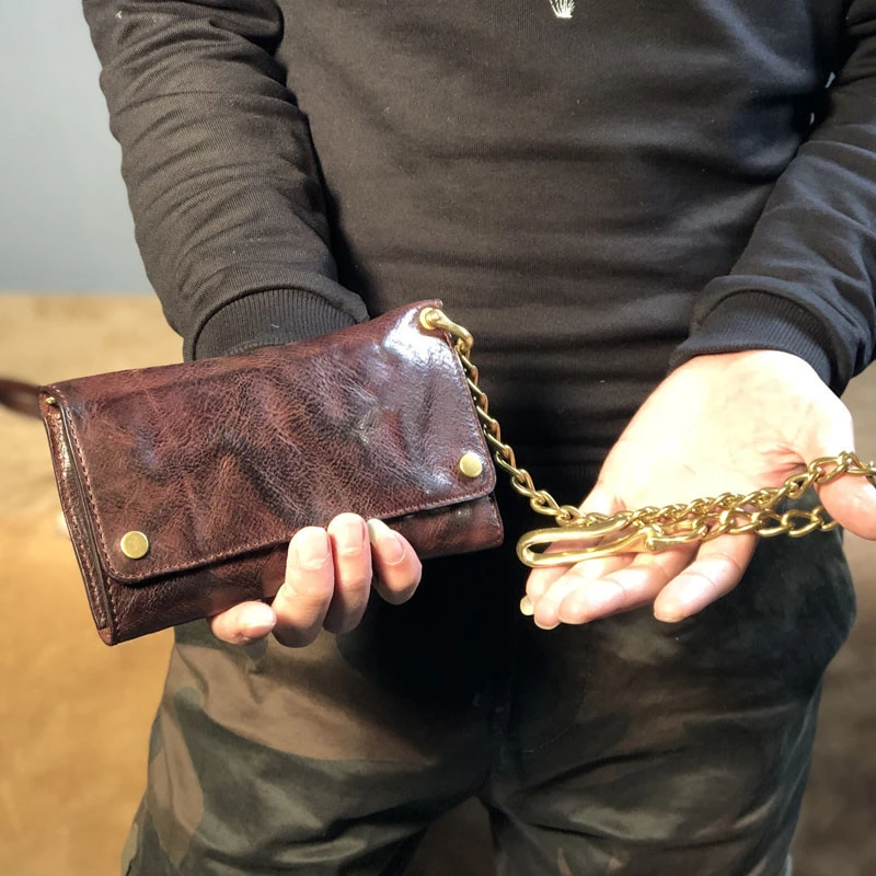 

trend vintage genuine leather men's long wallet designer handmade real cow leather copper chain three-fold phone clutch bag