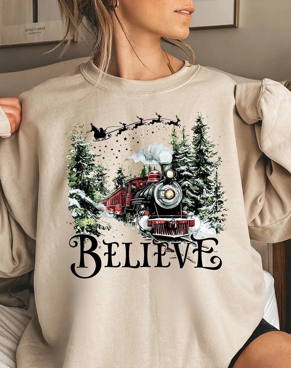 Vintage Polar Express Sweatshirt All Aboard Polar Express Women Long Sleeve Round Neck Apparel Unisex Top Casual Daily Streetwea