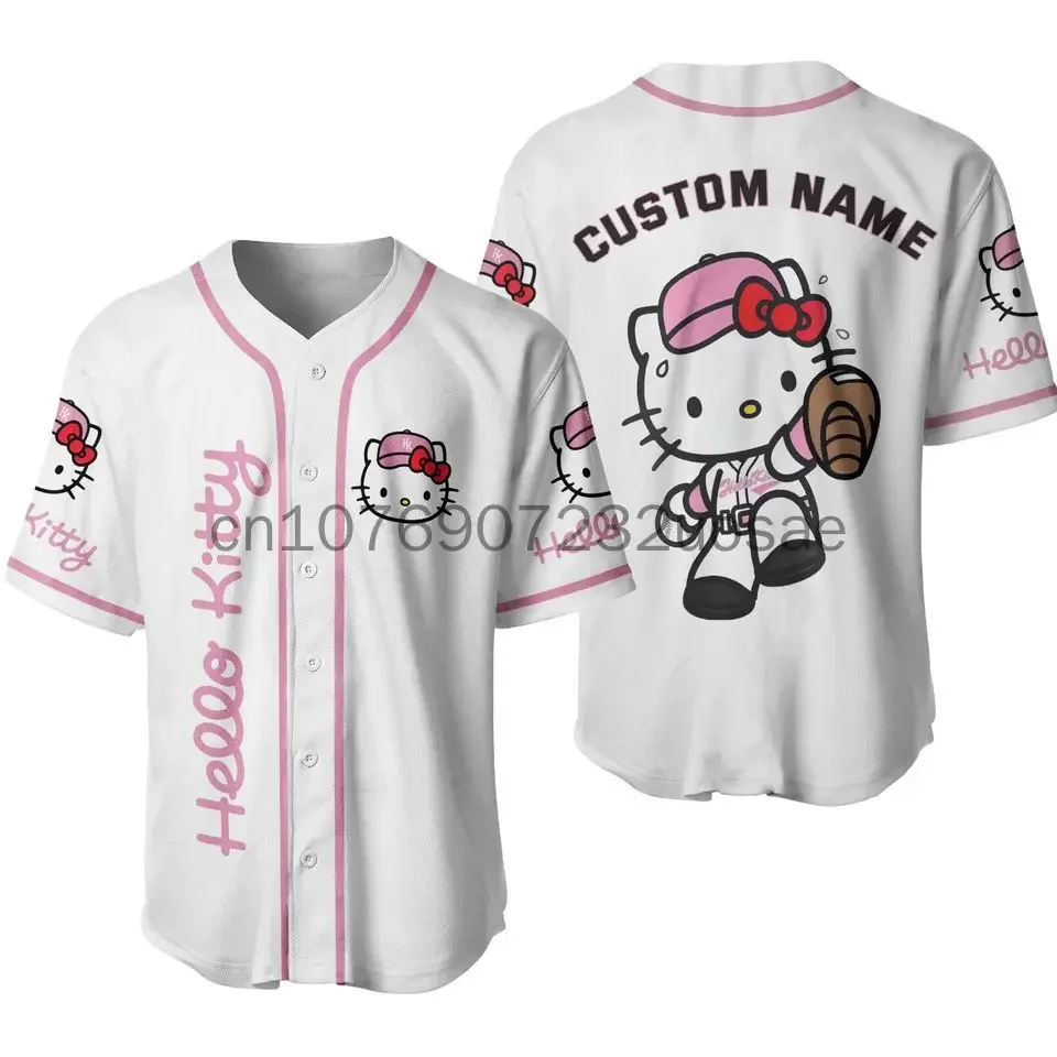 Camiseta de béisbol con estampado de dibujos animados de Hello Kitty para hombre, mujer y niño, camisetas informales para deportes al aire libre,