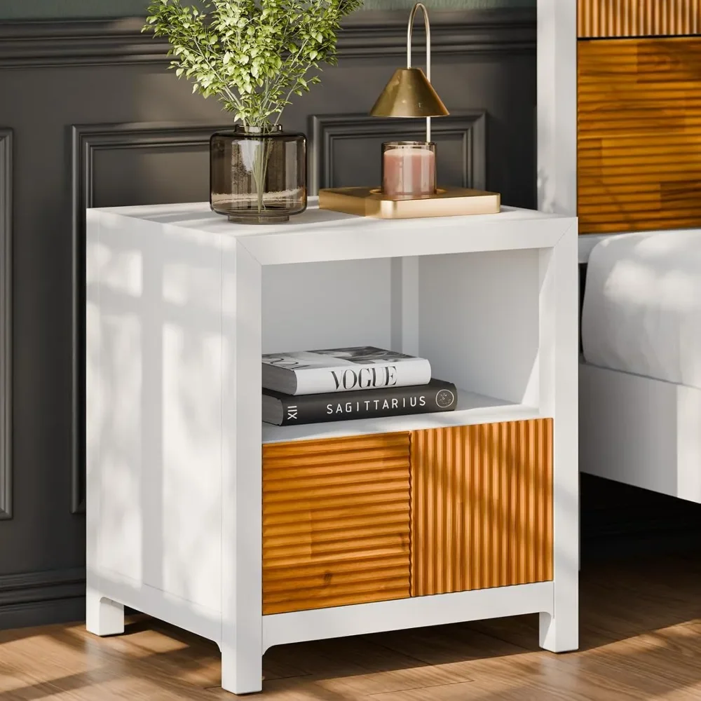 Mid-Century Modern Nightstand, Fully Assembled Acacia Wood Side Table with Unique Pattern in Ivory White and Teak Brown