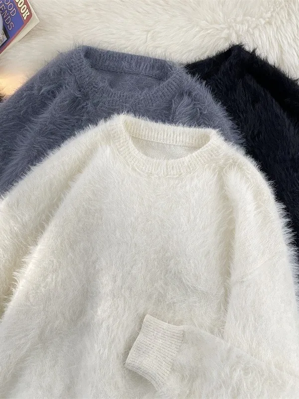 

Soft Plu Mink Velvet round Ne Sweater ex Winter Loose Color Knitted Top Trendy Vintage Lazy Brand Youthful Sle