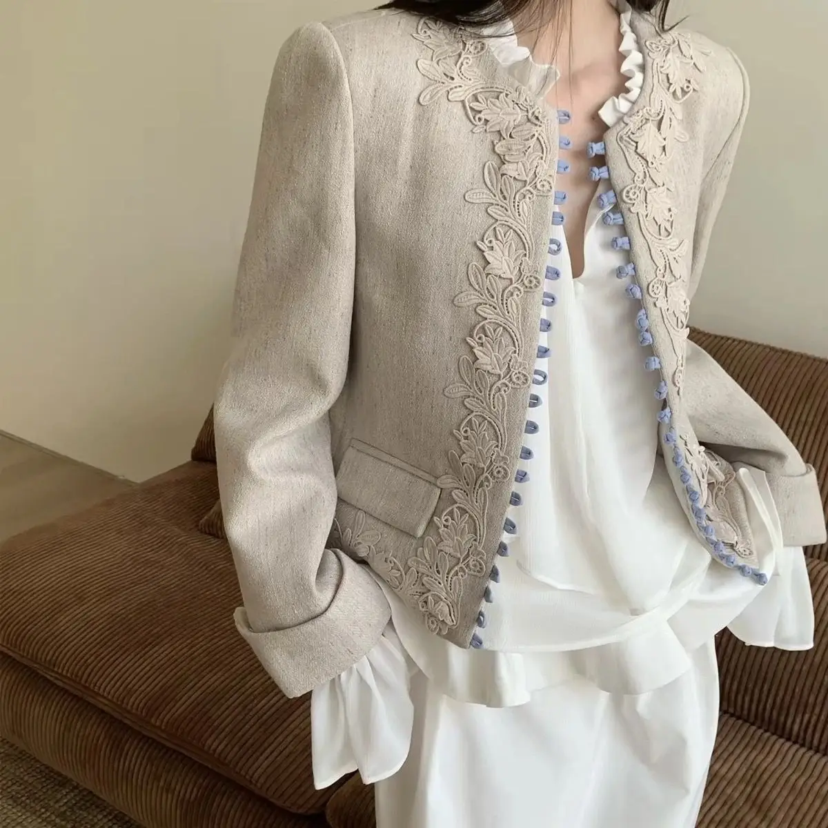 Ivory White and Gray Textured French Elegant Ruffled Carrot Sleeve Design Shirt/oatmeal Coat