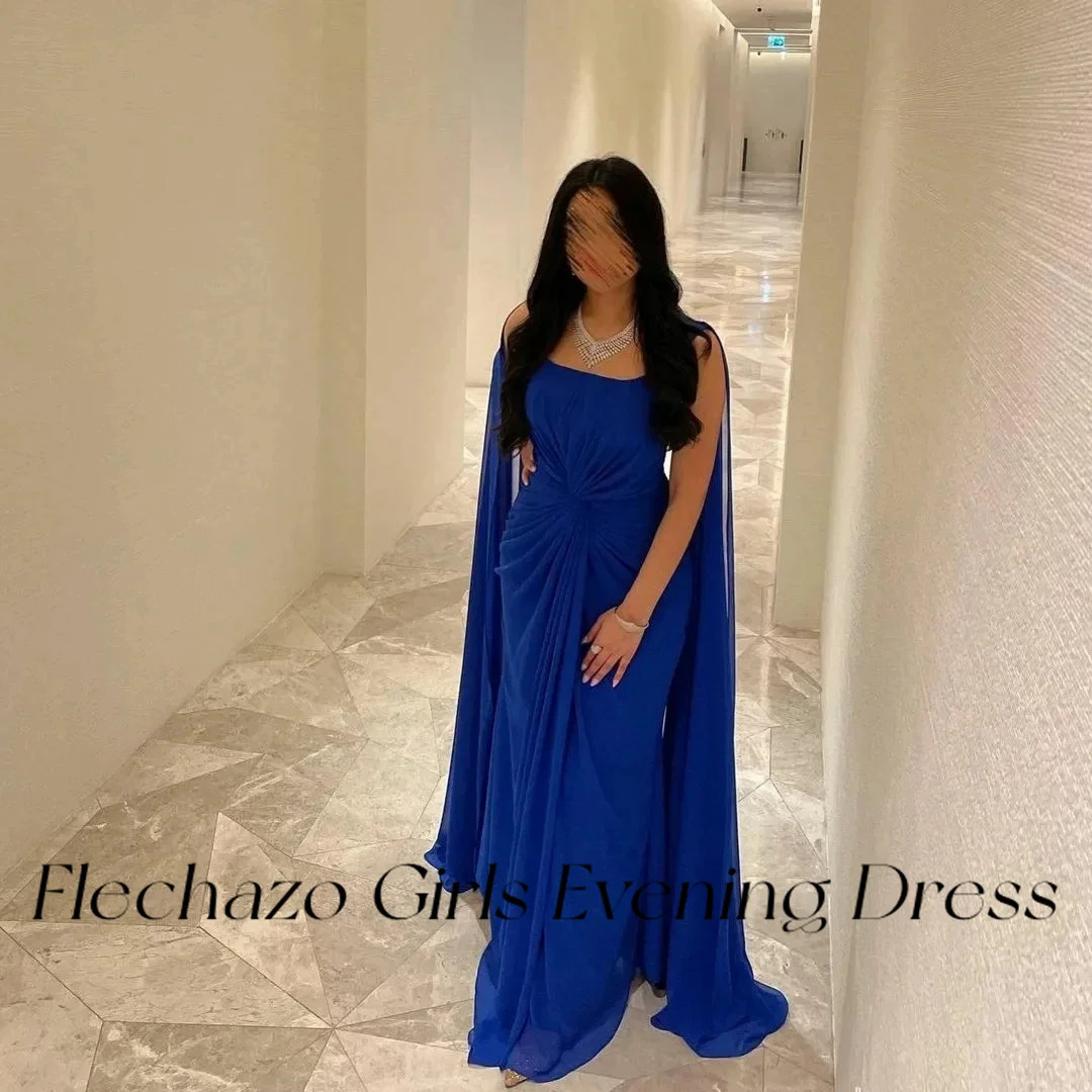 Flechazo Royal Blue Chiffon Evening Dresses Pleated Ruched Long Cape Formal Party Dress For Women 2024 vestidos de noche