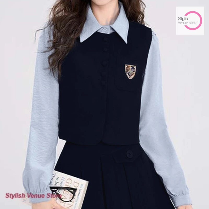 Korean style navy blue fake two-piece lapel stitching shirt women's summer and autumn loose versatile slim college casual top