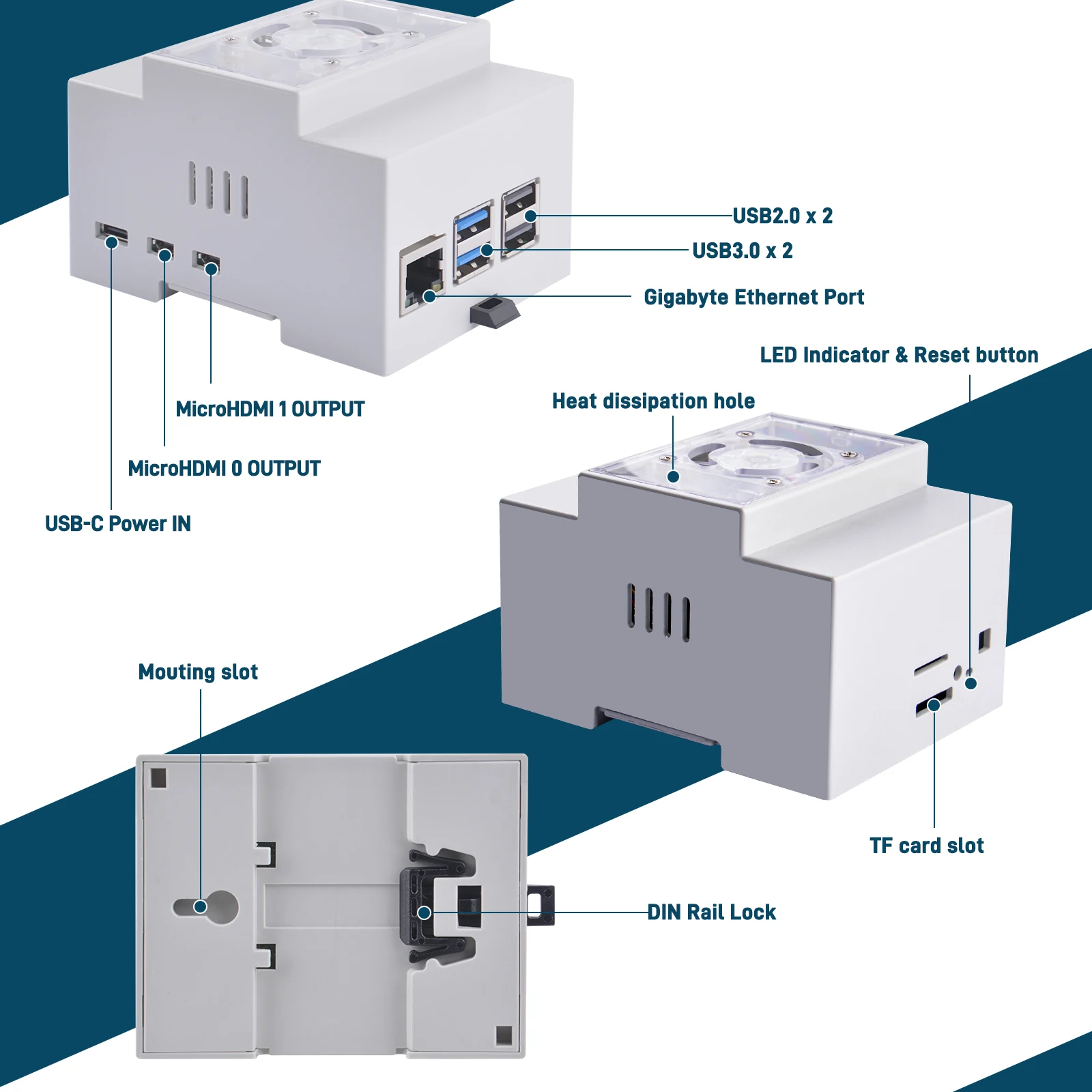 52Pi DIN Rail ABS Case with Metal Armor Lite V5 Cooler Heat Sink for Raspberry Pi 5