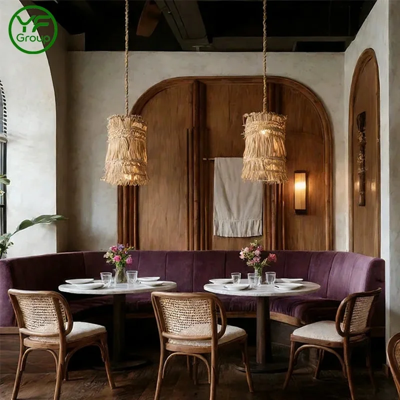 Modern Restaurant Furniture Set Marble Round Table with Cafe Rattan Back Chairs Booth Seating Table Chair Set for Dining