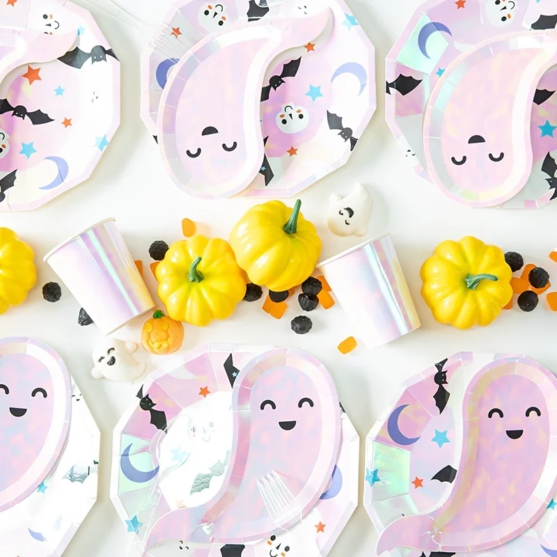 【セール中】かわいい笑顔ゴーストプレートキッズガールズハロウィンパーティー好意レーザーカップ紙ナプキン使い捨て食器ハローパーティー供給