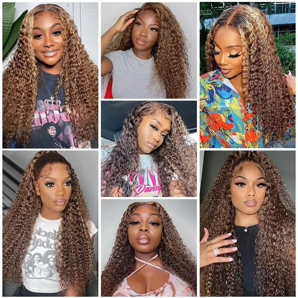 Peruka z ludzkich włosów z kręconymi pasemkami, peruka typu 13x6 HD Lace Front, ombre miodowy blond, peruka typu deep wave frontal, brazylijskie włosy dla kobiet