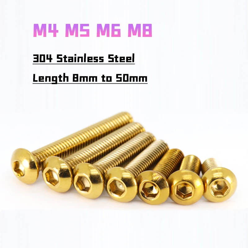 Peijian M4 M5 M6 M8 Stainless Steel Gold Plated Button Screws Mushroom Hex Screw Allen Socket Bolts Motorcycle Screws