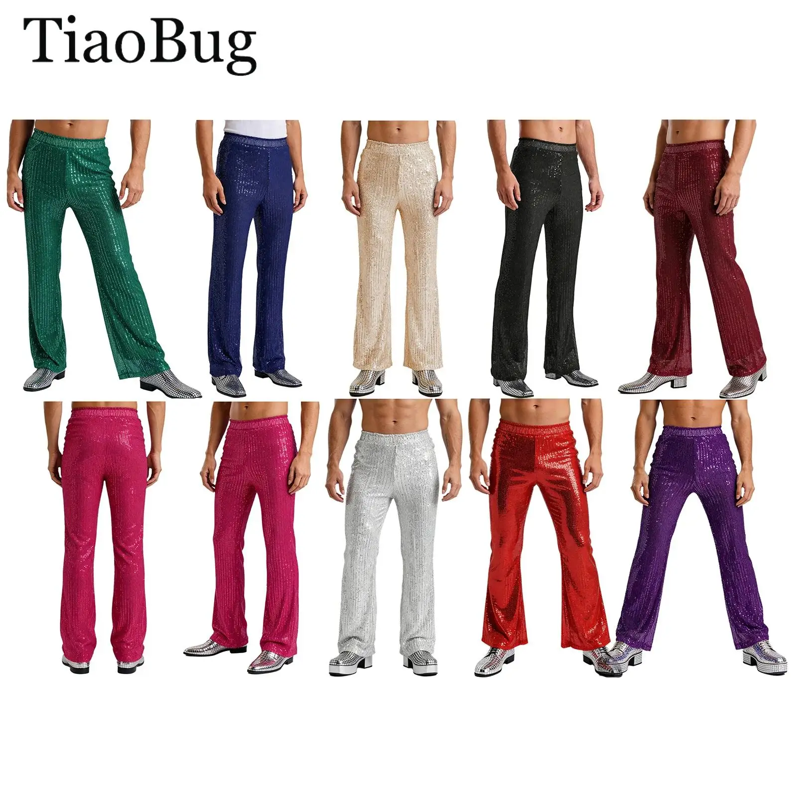 

Mens Shiny Sequins Pants Disco Jazz Dance Pants Trousers High Waist Fully Lining Loose Wide Leg Bling Pants Raves Party Clubwear