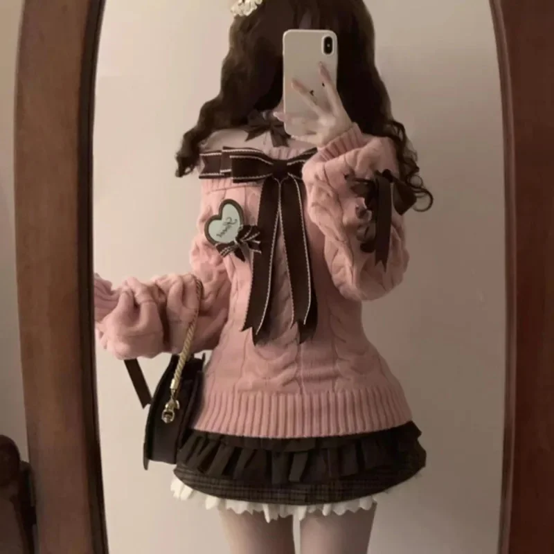 خمر القوس متماسكة Y2K سترة المرأة الحلو خارج الكتف البلوز الوردي الأحمر تريكو لطيف الخريف الشتاء الزي مجموعة لينة أعلى جديد