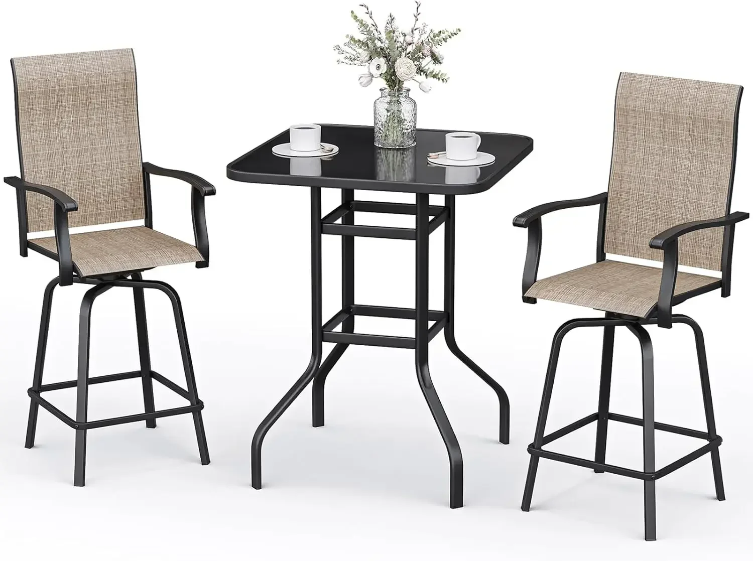 

Бестселлер: Комплект для патио из 3 предметов с вращающимися барными стульями из текстилена, всепогодный стол и стулья из закаленного стекла для сада