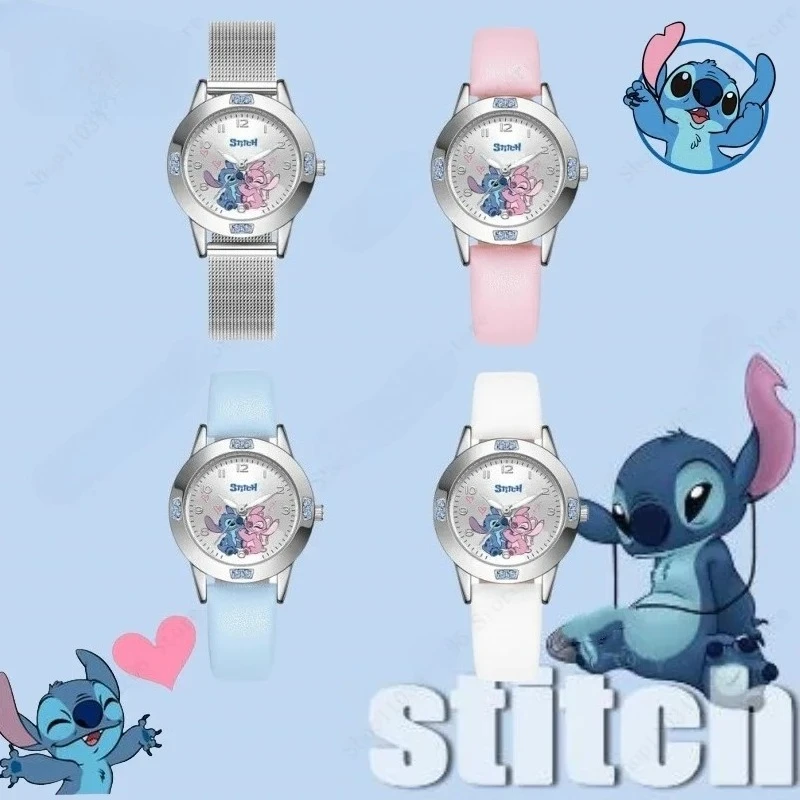 

Часы Disney Lilo & Stitch для девочек, кварцевые часы, аниме Stitch, милые мультяшные кожаные наручные часы, модные часы со стальным ремнем, подарок для ребенка @