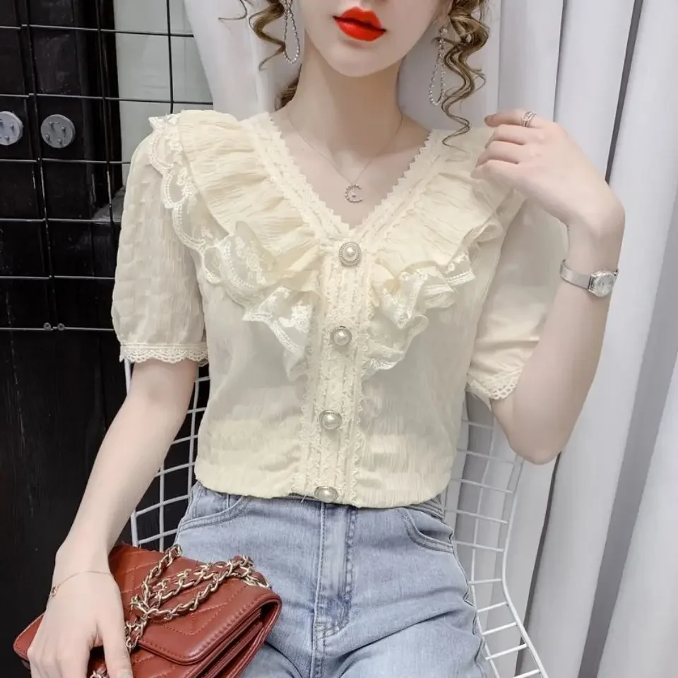 High-end Western Style Long-sleeved V-neck Lace Stitching Chiffon Shirt Women's Slim French Clavicle Top