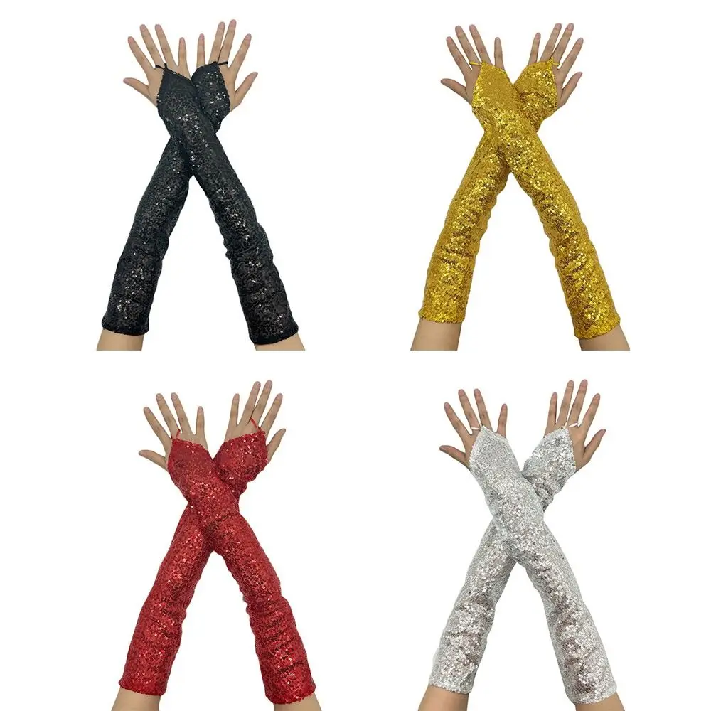 Women Vintage Fingerless Shining Sequins Gloves Cosplay Gothic Party Club Long Hook Finger Mittens Nightclub Stage Performance