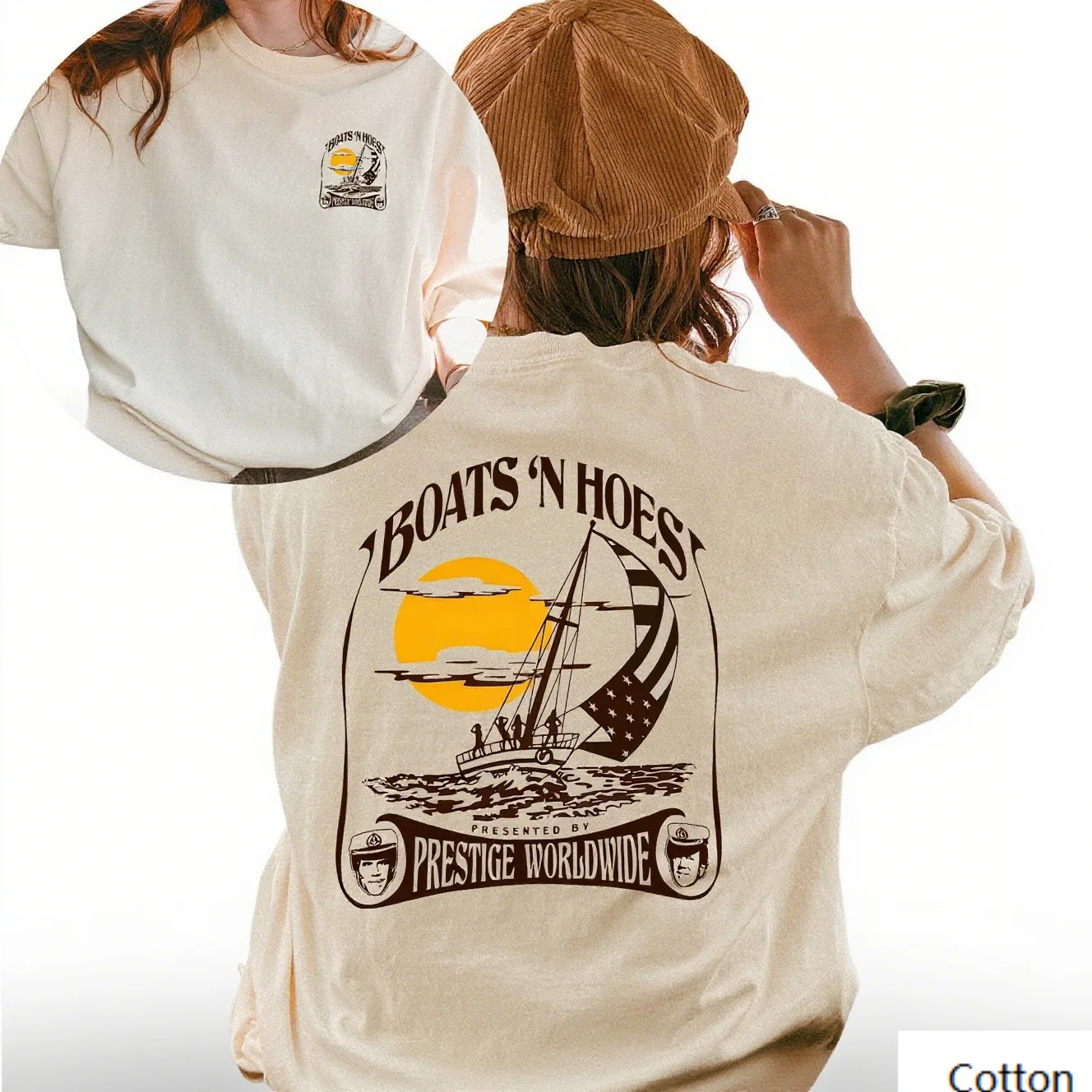 تي شيرت قطني مطبوع عليه Boats N Hoes Prestige Worldwide مستوحى من العلامة التجارية العصرية المطبوعة تي شيرت من القطن الخالص بأكمام قصيرة للجنسين