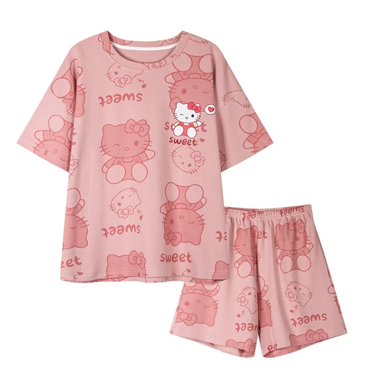 Kawaii Hello Kitty Pajamas for Women Sanrio Kuromi Cinnamoroll Pajamas Set Casual Sporty Short Sleeves Women Summer Clothing