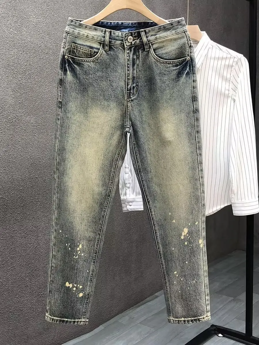 بنطلون جينز ريترو متعثر مستقيم الساق للرجال صيفي رقيق غير رسمي طويل سروال مقاوم للاهتراء نمط كلاسيكي موضة الشباب