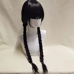 Wednesday Addams Cosplay Wig Long Black Braids Hair Heat Resistant Synthetic Wigs with Bangs for Halloween Party