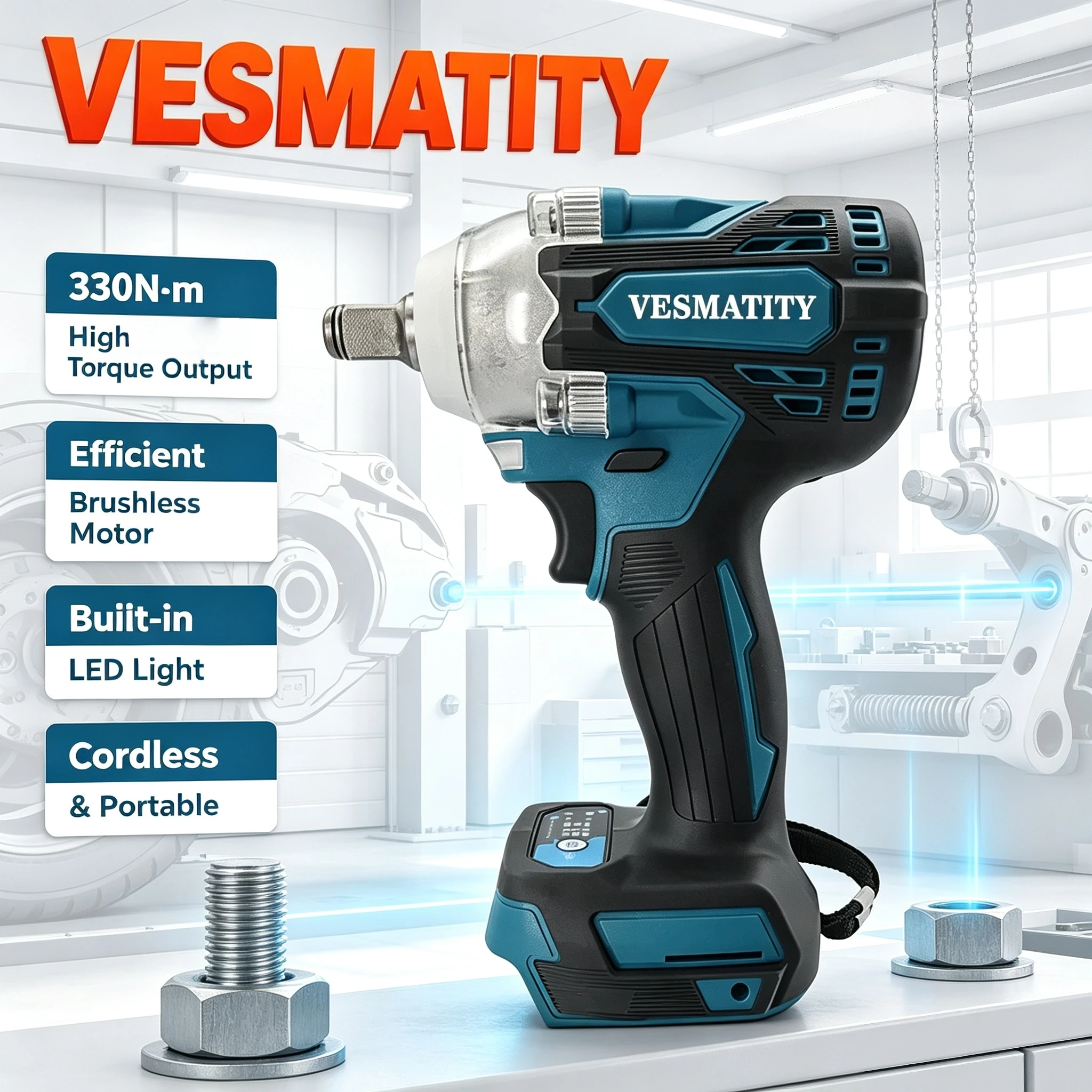 Vesmatity Brushless Impact Wrench 330Nm Cordless Wind Cannon Tire Removal Tool for 18V 20V Lithium Battery Max Use