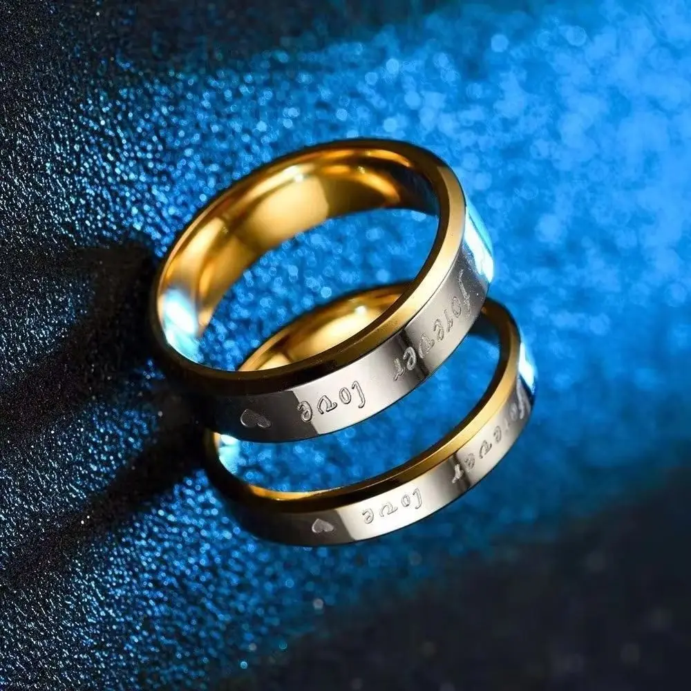 Newly Fashion Letter 'Forever LOVE' Stainless Steel Gold Tone Couple Rings Set - Engagement Ring for Women Men Sizes 6-12