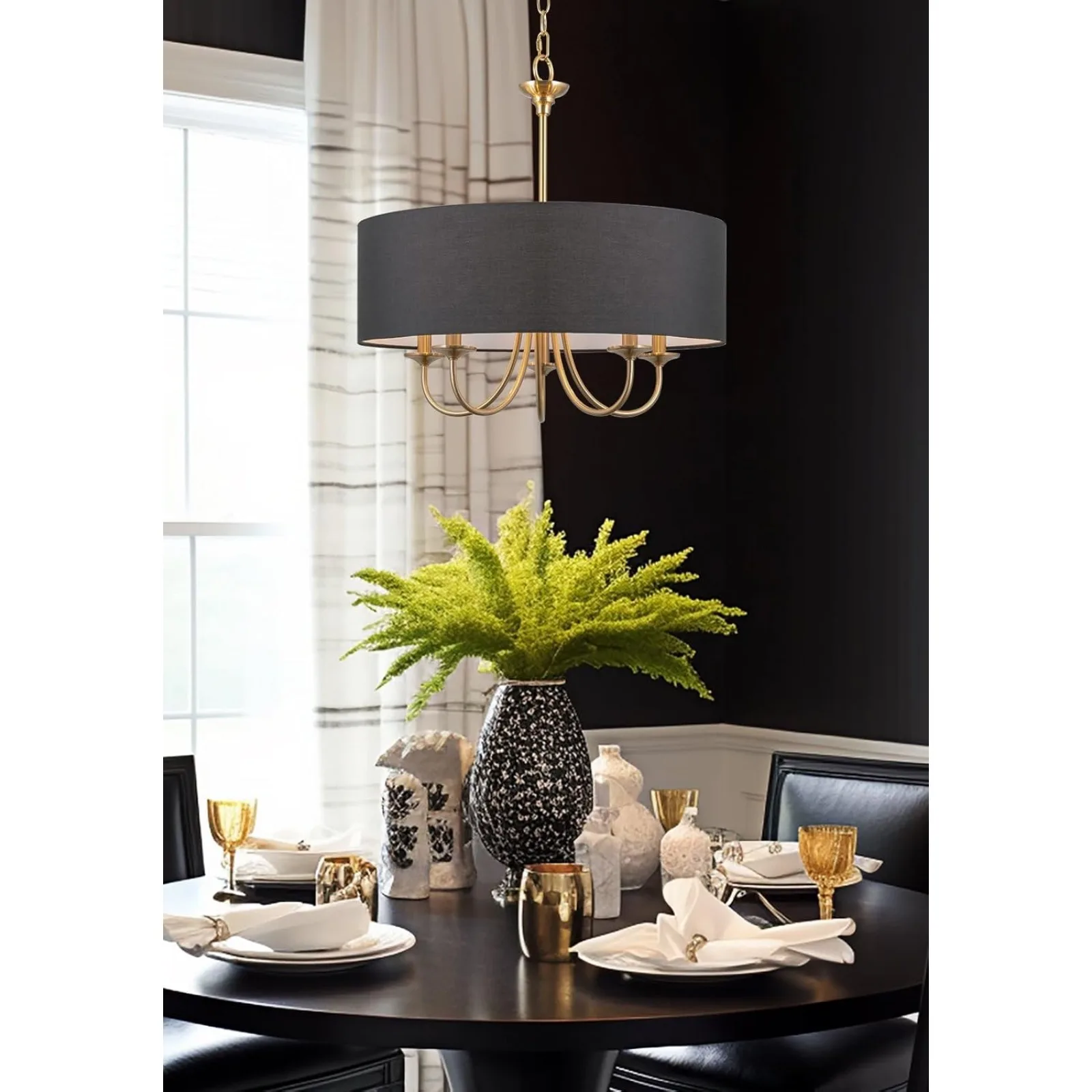 

US Quinn 22" Traditional 5-Light Chandelier/Adjustable Chain Link Hanging Light + Black Linen Drum Shade, Cool Brass Finish