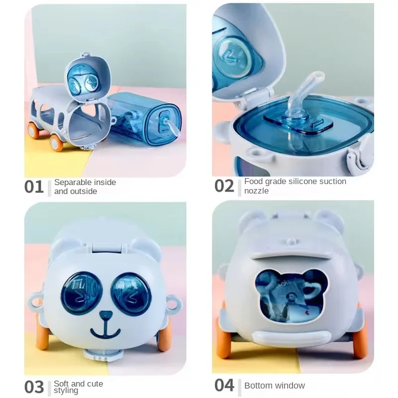 Baby Cute Panda Bus Portable Water Bottle with Shoulder Strap Kid Car Straw Water Cup Children's Water Bottle Drinking Cup - Image 5