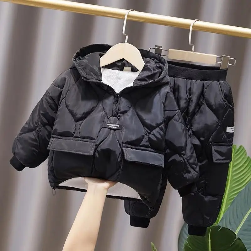 Children\'s Clothing Set Autumn/Winter New Casual Boys and Girls Hooded and Velvet Jacket Pants Two Piece Set