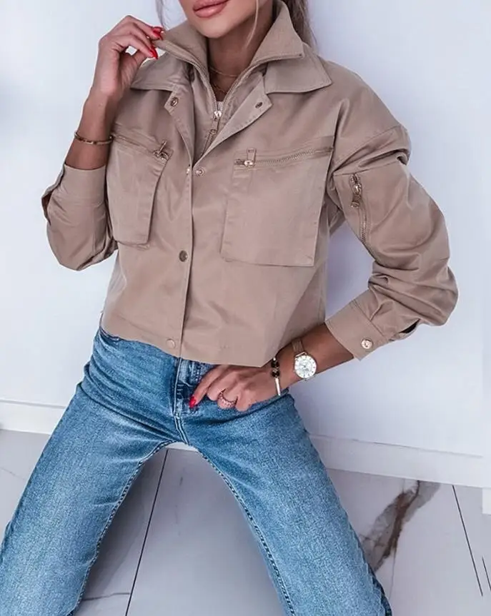 Women's Jackets Daily Clothing Autumn & Winter Cargo Pockets Button Front Crop Jacket Female Casual Thread Collar Windproof Coat