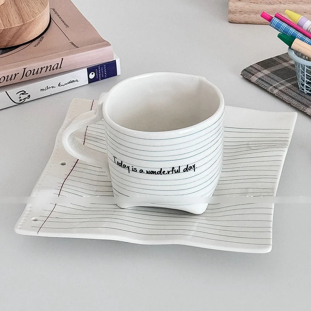 Letter Stripe Pattern Ceramic Cup and Dish Set Creative Afternoon Tea Cups Plate Two-piece Sets Coffee Cup and Dish Gift