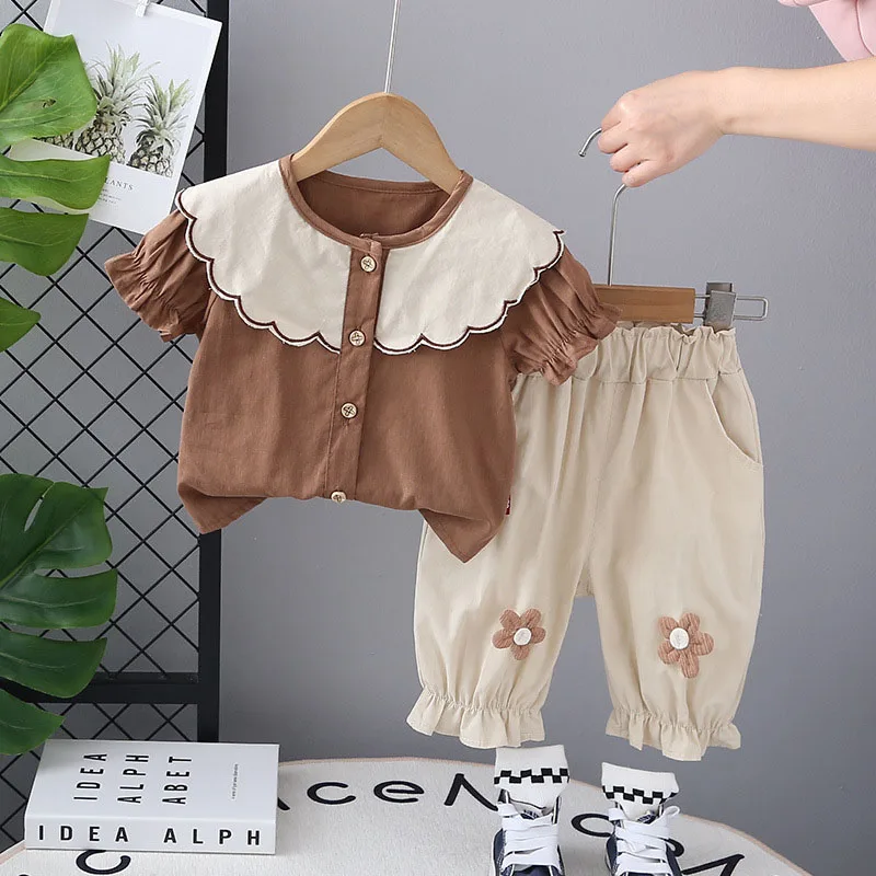 MILANCEL New Summer Kids Clothes Set Cute Doll Collar Girls Shirt + Flower Pants Children Thin Style Outwear 2PCS