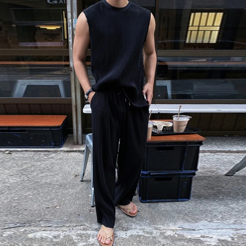 Outdoor Sleeveless Crew Neck Crop Top+Drawstring Long Pants Suits Men Striped 2Pc Set Streetwear Casual Beach Tracksuit For Man