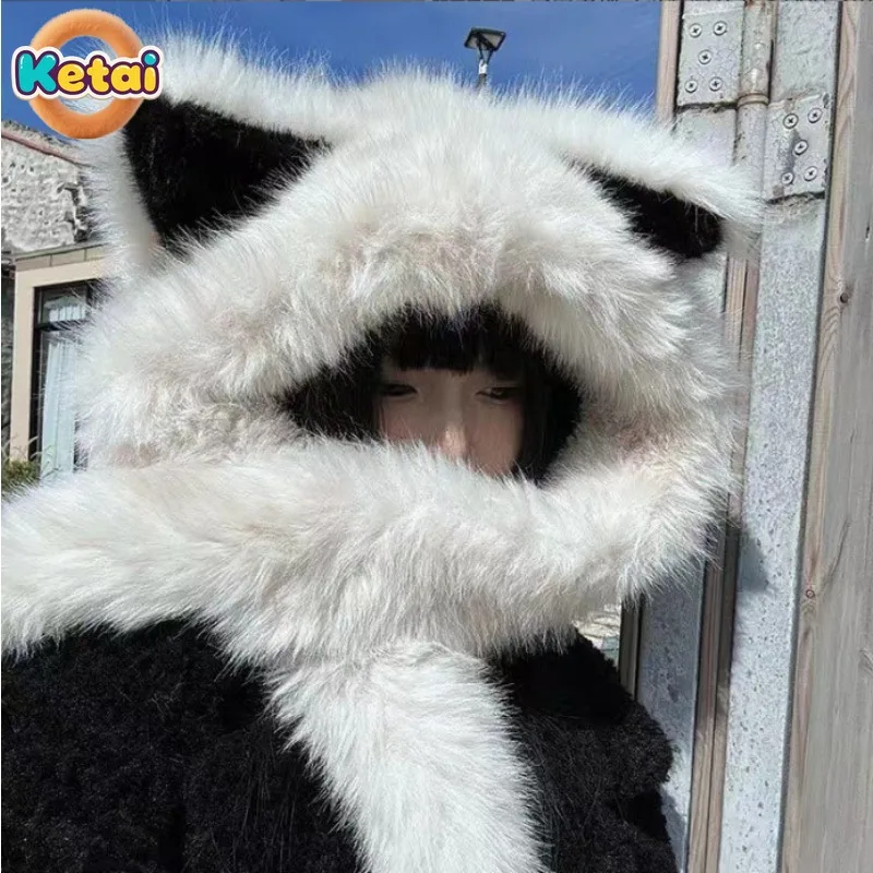 Cappello con orecchie di volpe in peluche spesso e resistente al freddo, sciarpa invernale da donna integrata Nuovo caldo e miglioramento del viso Piccolo cappello Lei Feng