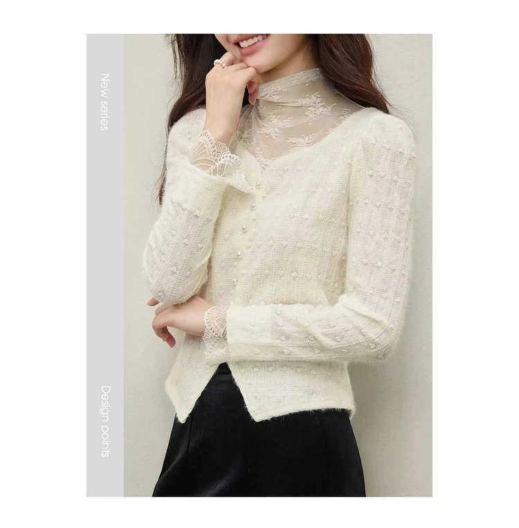 SENTUBILA Eleganter Splicing-Spitzenpullover für Damen, Herbst 2026, Halbrollkragen-Oberteil mit Perlenbesatz, Langarm-Pullover, Damen W54SC5039 – Detail 8