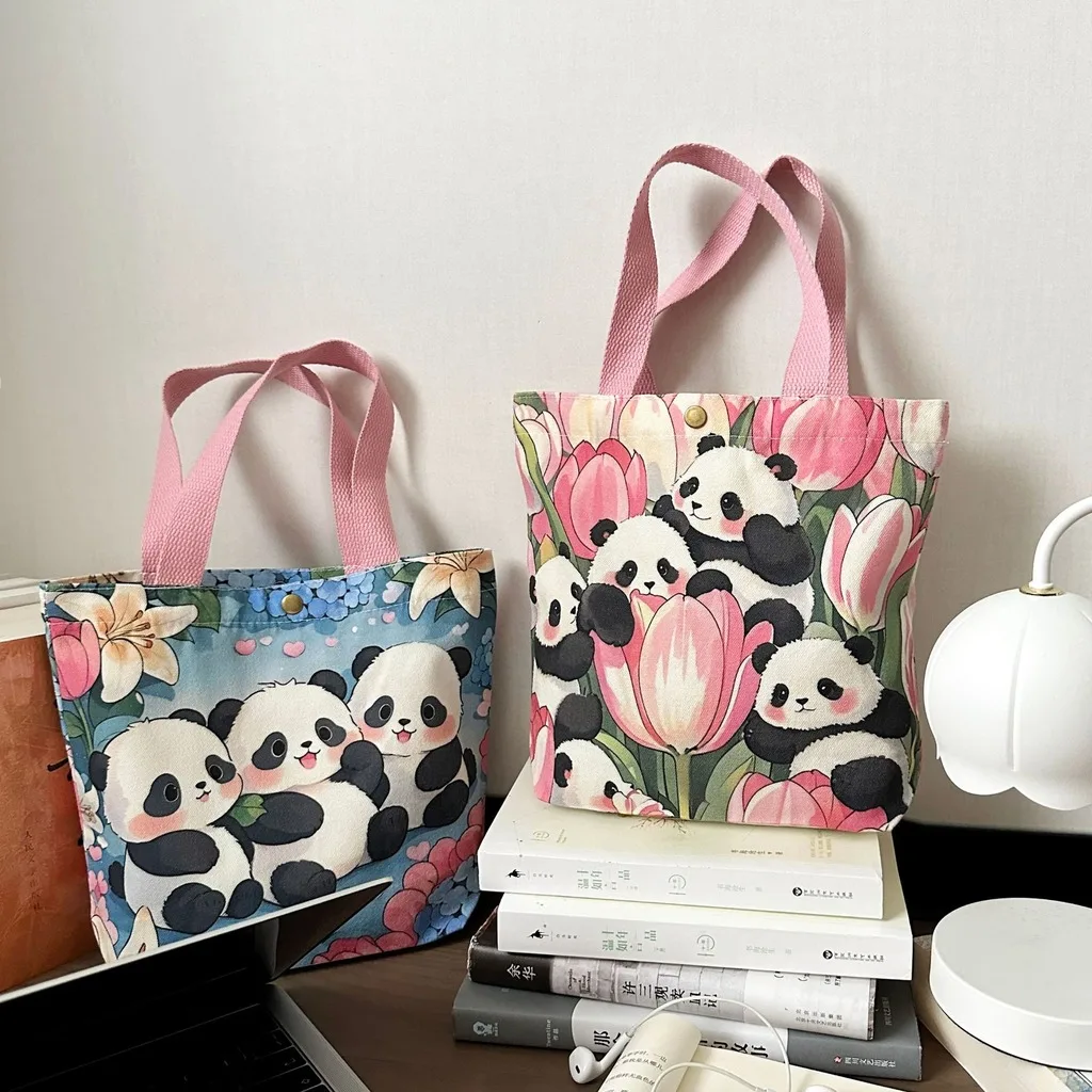 Cute Panda Canvas Shopping Bag Reusable Portable Grocery Tote Bag Print Floral Small Shopper Pouch Eco Friendly Shoulder Handbag