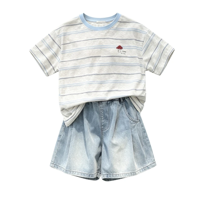 

Girls Striped Short Sleeve T-Shirt & Denim Shorts Two-Piece Set, Breathable Soft Cute Casual Children's Fashion Collection