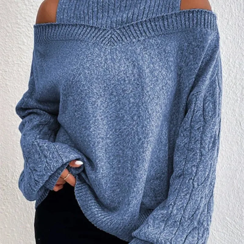 Women New Solid Knitting Off Shoulder Sweaters Autumn Winter Elegant Office Lady Half High Collar Splice Loose Pullovers Sweater
