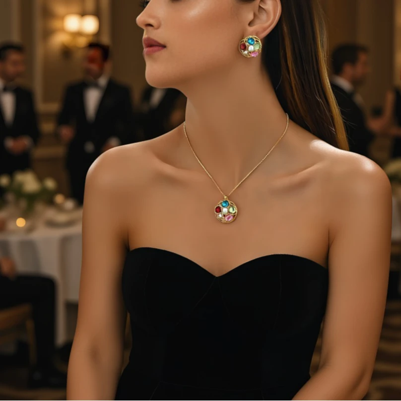 

3pcs Elegant Vintage Jewelry Set for Women Colorful Bead Inlay Necklace Shiny Crystal Choker Bridal Wedding Earrings Party