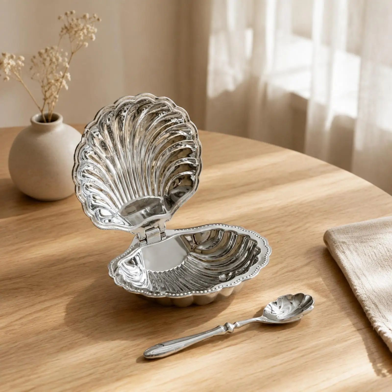 Shell-Shaped Glass Butter Dish Edges Kitchenware Silver-Tone Finish for Breakfast Table, Living Room Entertaining, Contemporary
