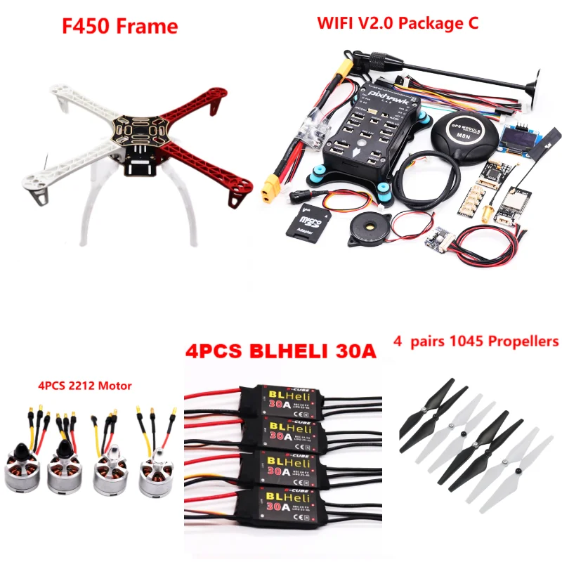 PIXHAWK2.4.8 Uçuş Kontrol F450 Drone Kiti Ardupilot 100 MW Radyo Telemetri Quadcopter BLHELI 30A 2212 Motor ESC Iniş takımı