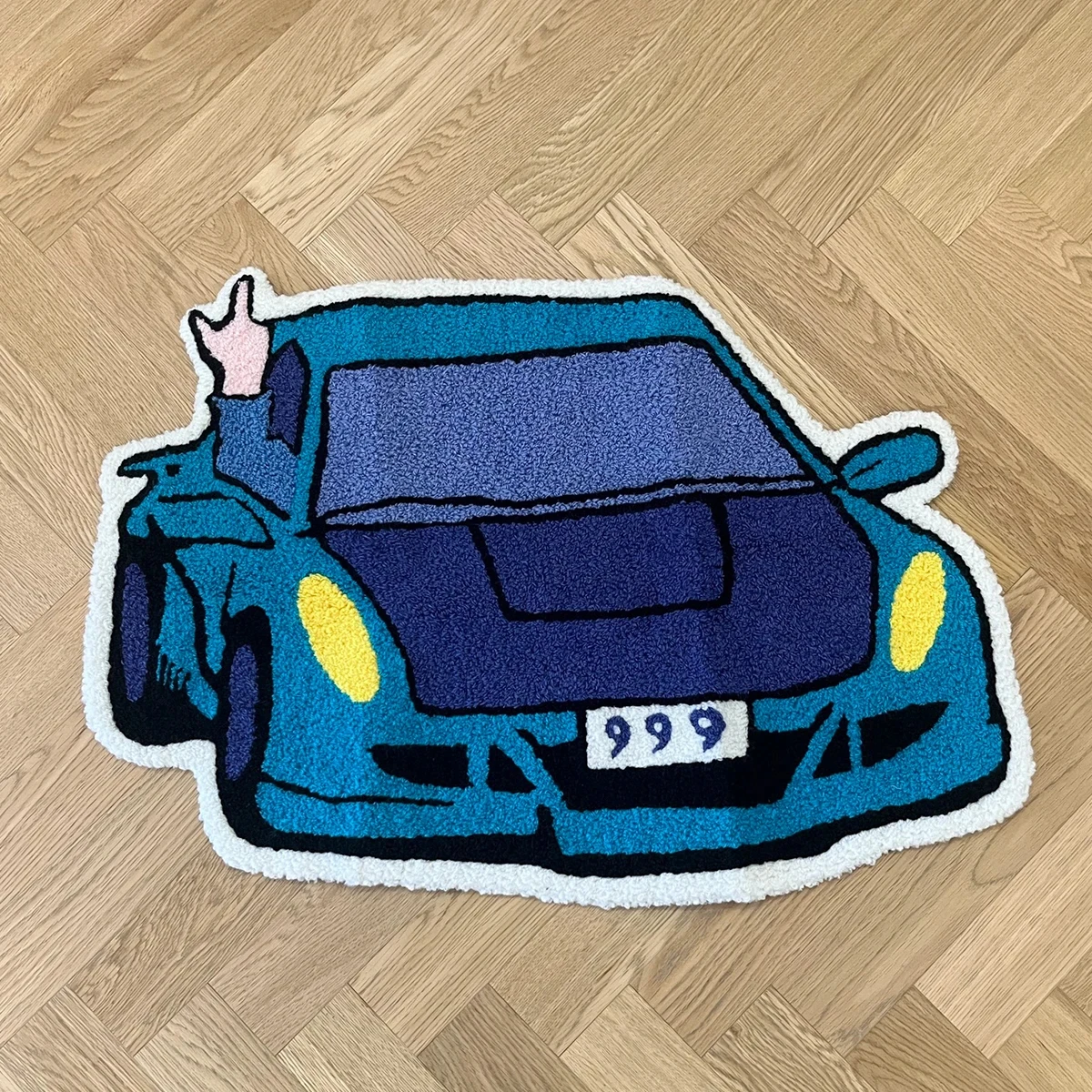 

Мультяшный синий спортивный автомобиль: коврик с тафтингом в форме номерного знака 999, крутой коврик в форме гоночного автомобиля для спальни, гостиной, декора общежития