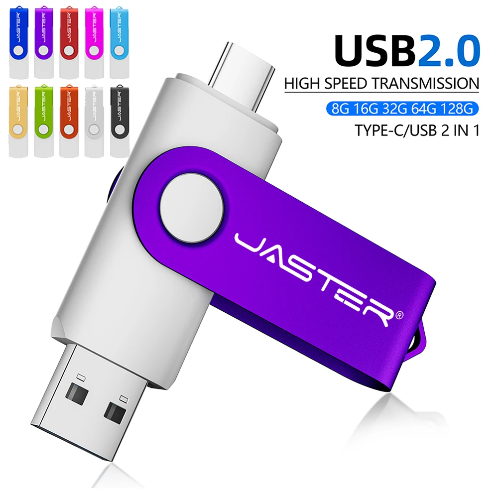 

TYPE-C USB 2.0 Flash Drive 2 in 1 White Liner Metal Clip Pen Drive 64GB 32GB Cle Usb Real Capacity Memory Stick USB Keychain