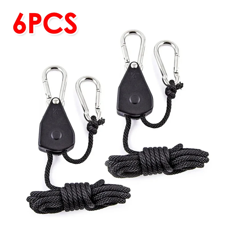 6PCS Adjustable 8inch Lanyard Hanging for Outdoors Camping Grow Plant Lamp Rope Ratchet Hanger Pulley Lifting Pulley Hook