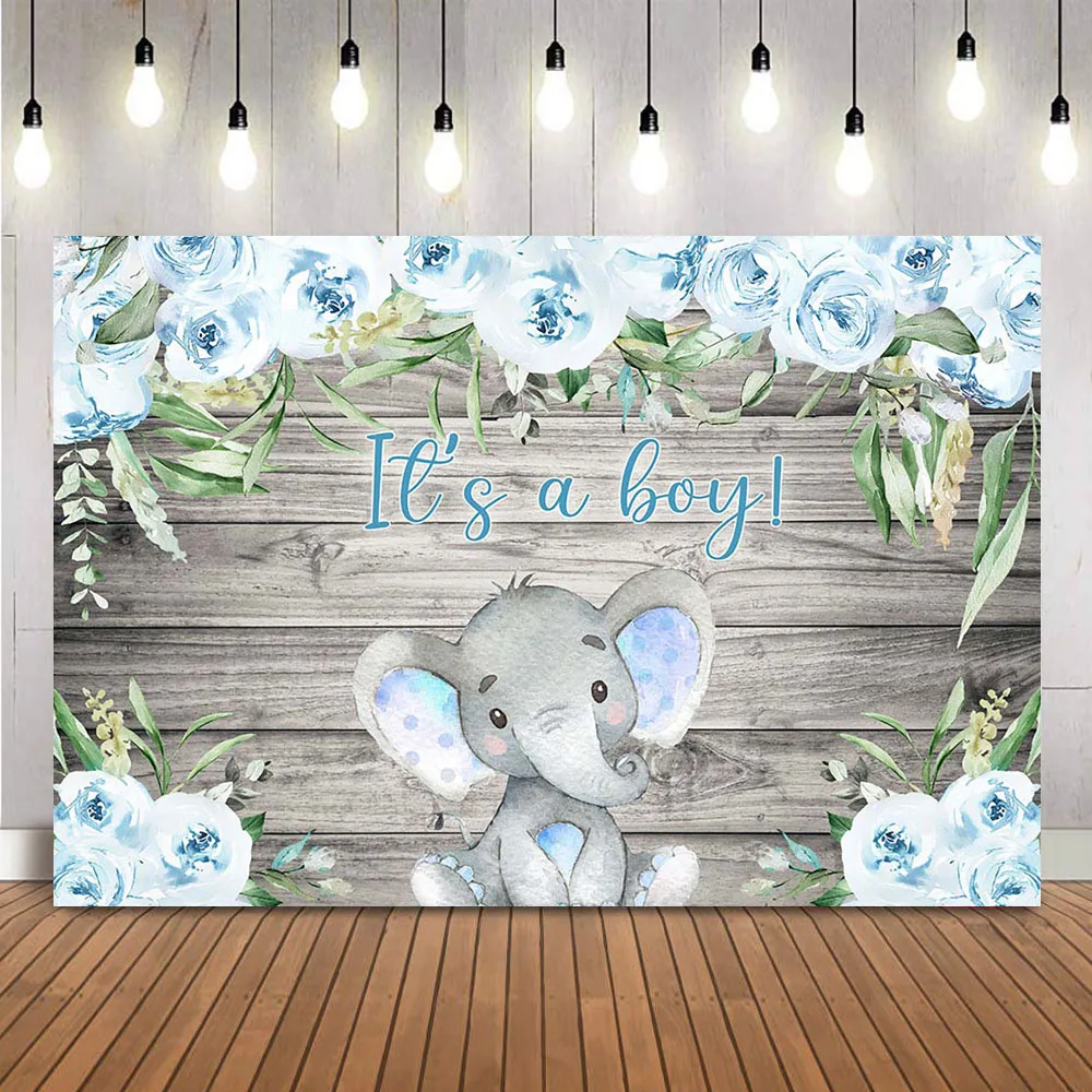 It's a boy Elephant Backdrop for Baby Shower Theme Party Background Blue Flowers Grey Wood Photo Background Newborn Kids Child